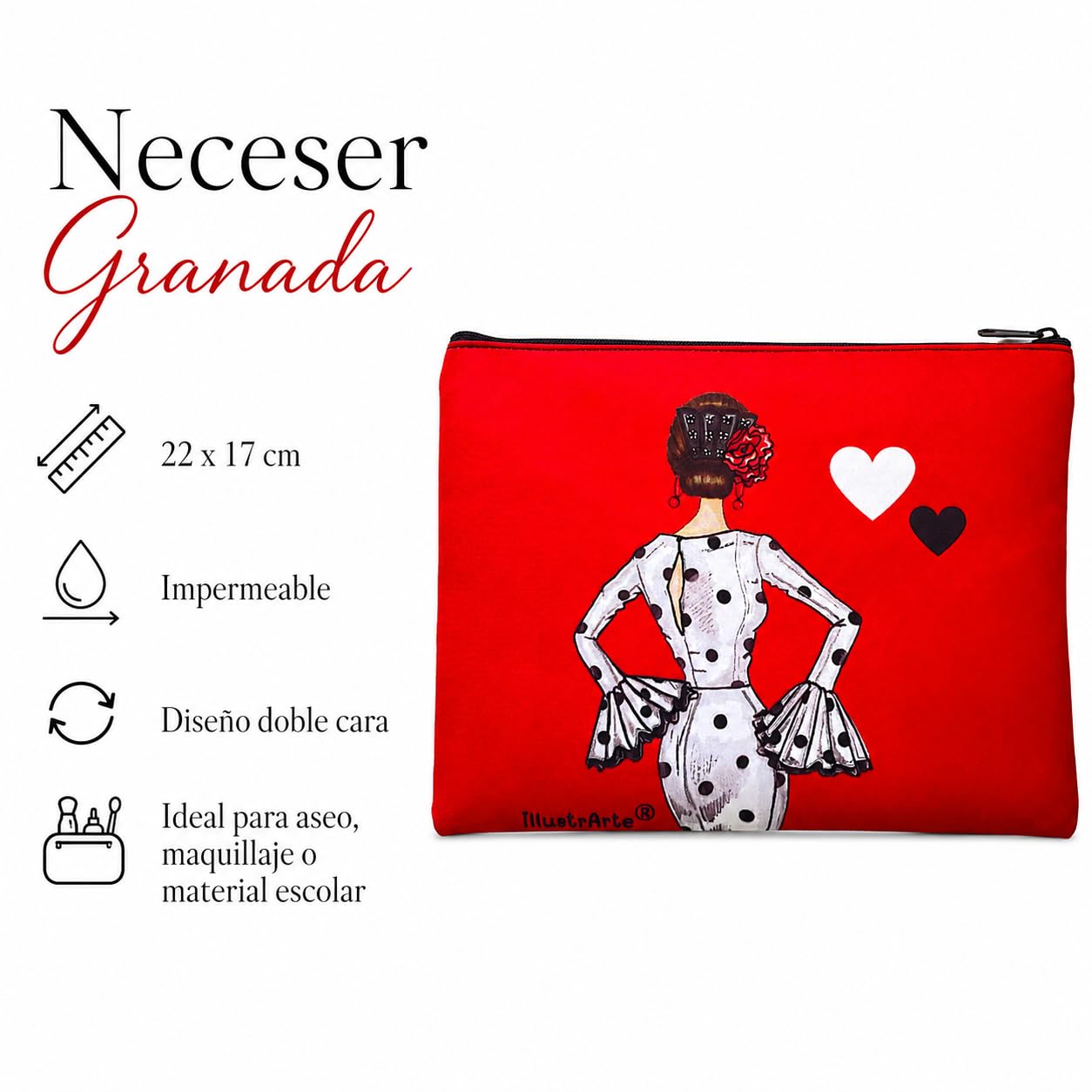 Neceser Granada illustrArte – María Blanco, fondo rojo con corazones – vista 2 – imagen Amazon
