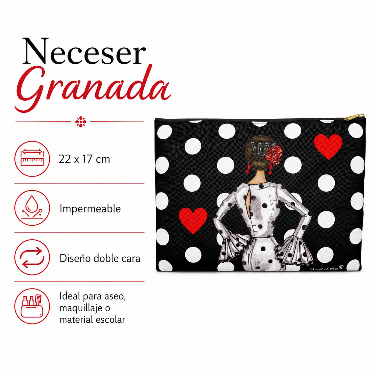 Neceser Granada illustrArte – María Blanco, fondo negro con lunares – vista 2 – imagen Amazon