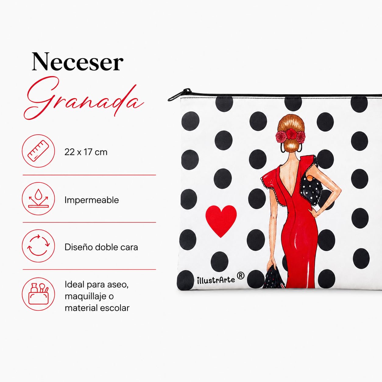 Neceser Granada illustrArte – Manuela, fondo blanco con lunares – vista 2 – imagen Amazon