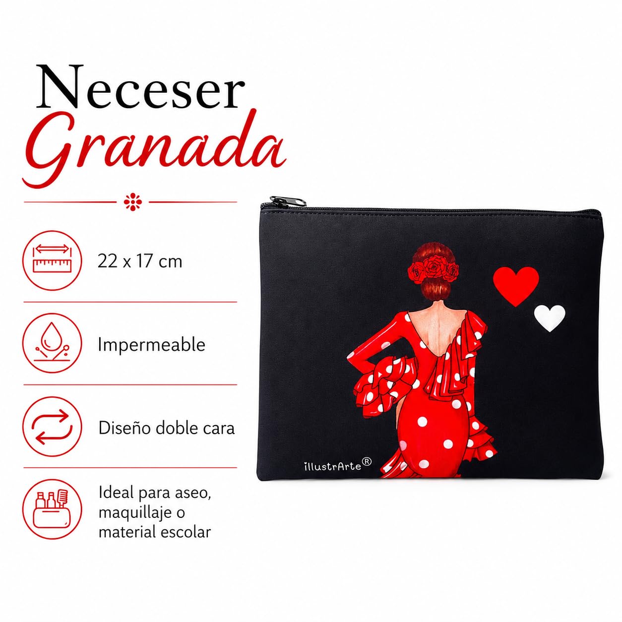 Neceser Granada illustrArte – Macarena, fondo negro con corazones – vista 2 – imagen Amazon