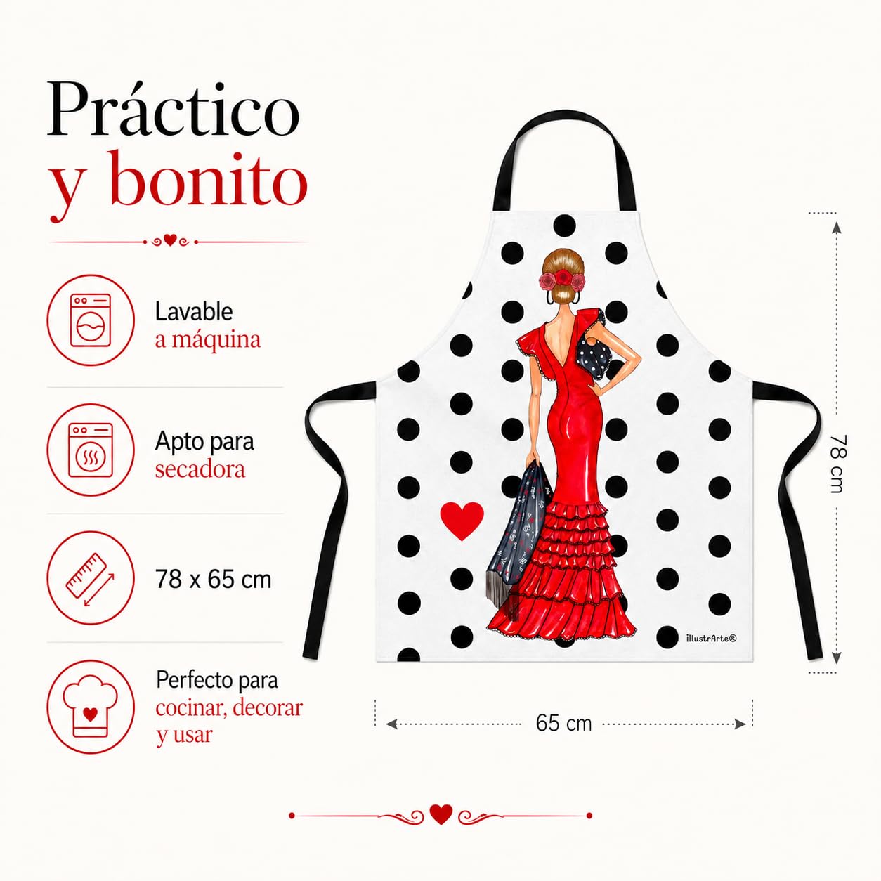 Delantal flamenca illustrArte – Manuela, fondo blanco con lunares – vista 5