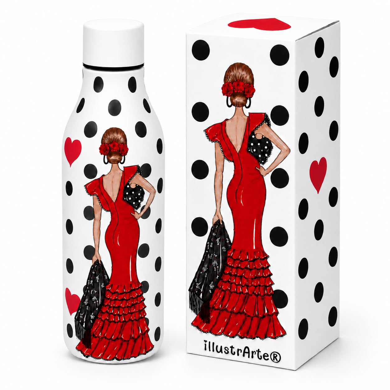 Botella térmica de acero inoxidable illustrArte 500 ml – diseño Manuela, flamenca de lunares