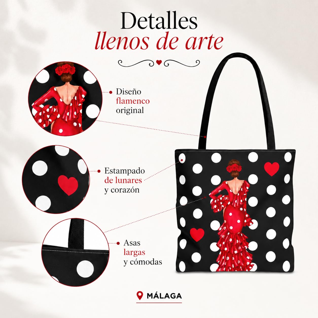 Bolsa tote Málaga flamenca Macarena negro con lunares 4
