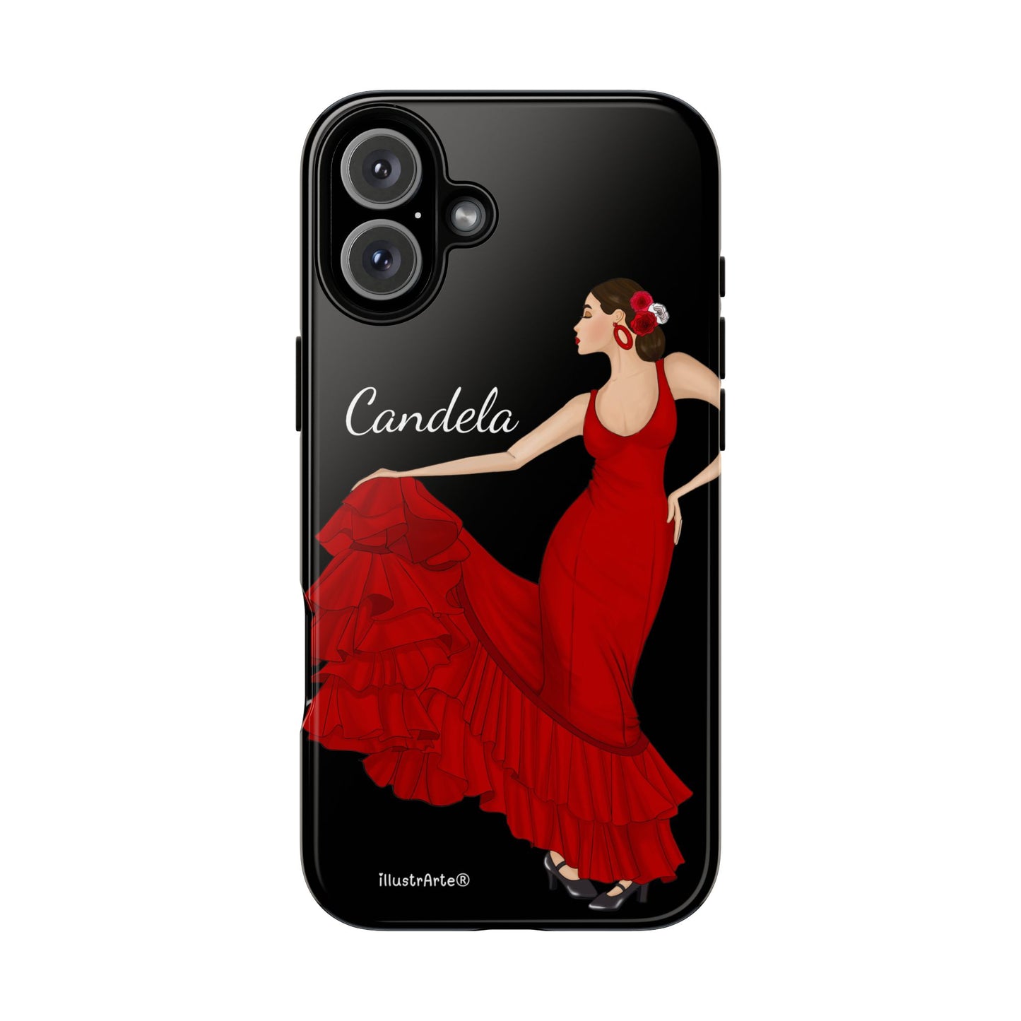 Capa de telefone personalizável. Modelo Candela com fundo preto. Para iPhone, Samsung Galaxy S e Google Pixel. 