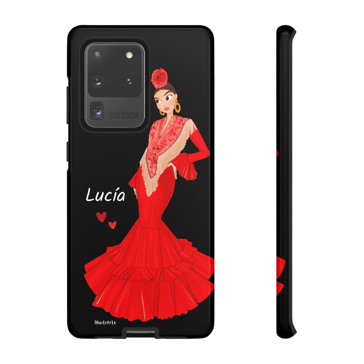 una funda de teléfono con una mujer en un vestido rojo