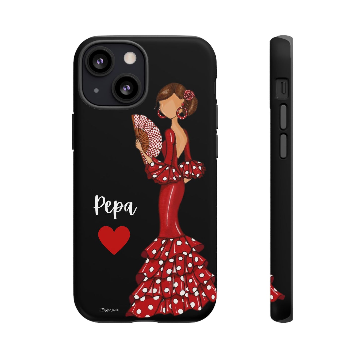 una funda de teléfono con una mujer en un vestido rojo