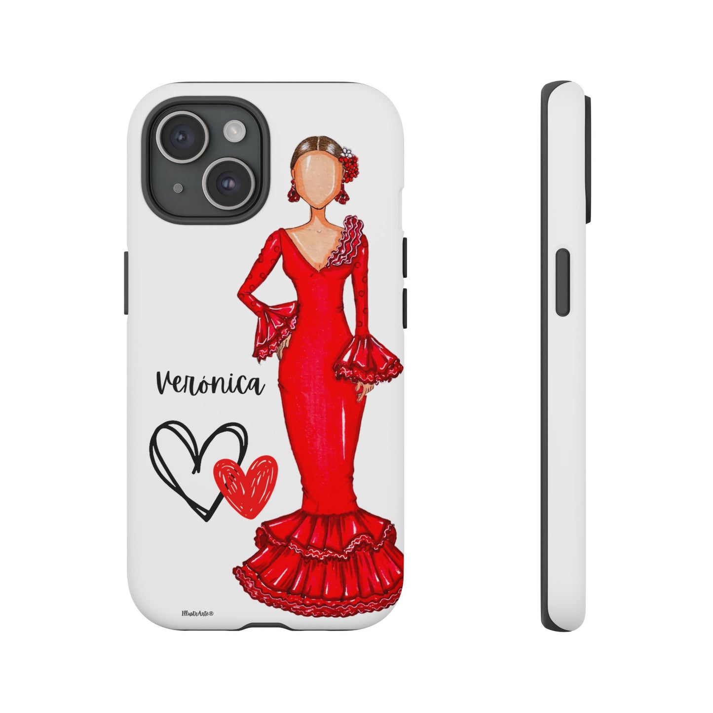 una funda de teléfono con un dibujo de una mujer en un vestido rojo