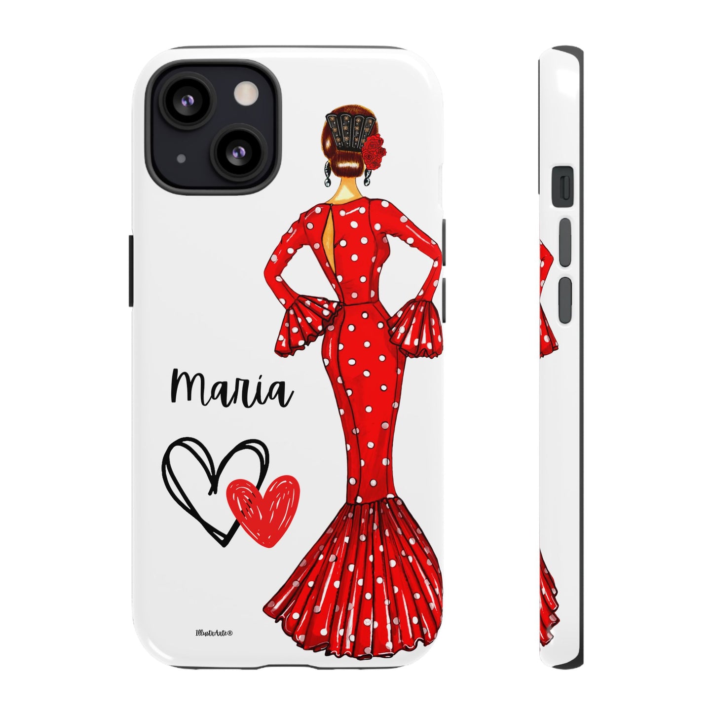 una funda de teléfono con una mujer en un vestido rojo