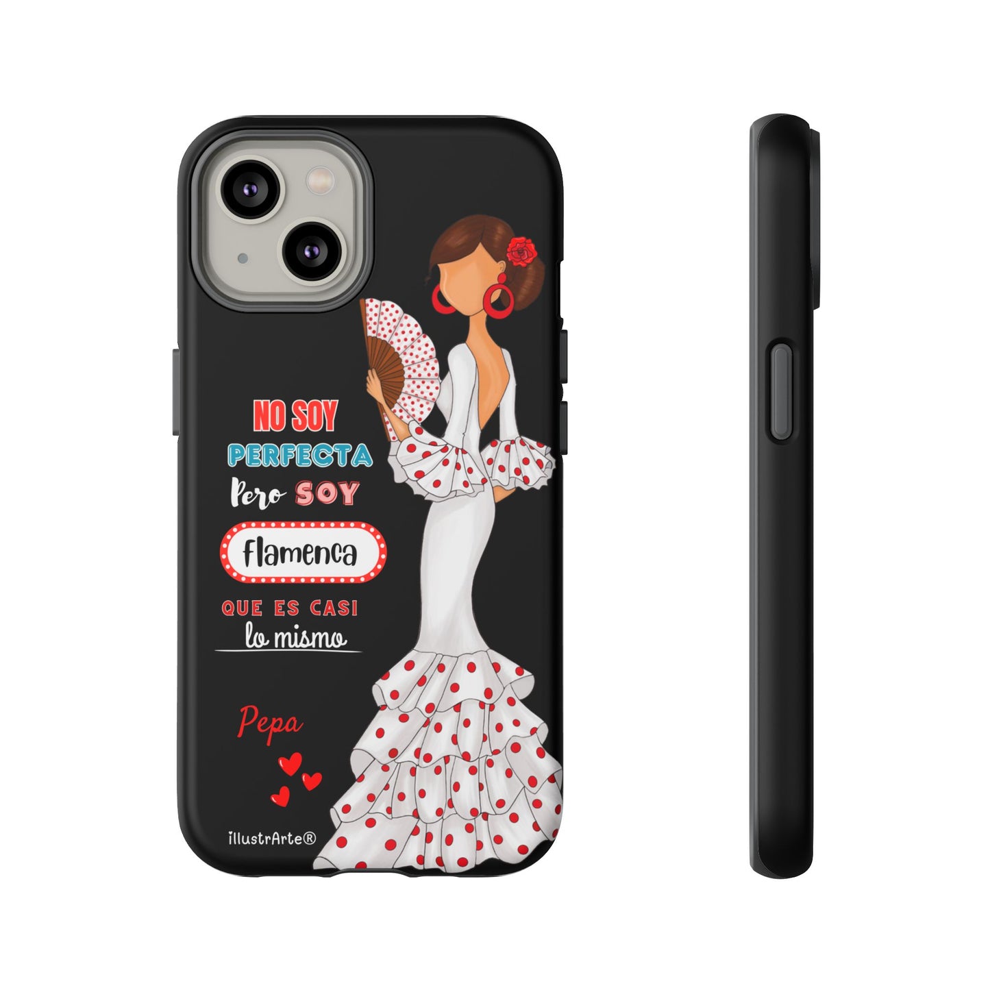 Funda de teléfono personalizable Pepa vestido blanco con frase – para iPhone, Samsung, Pixel