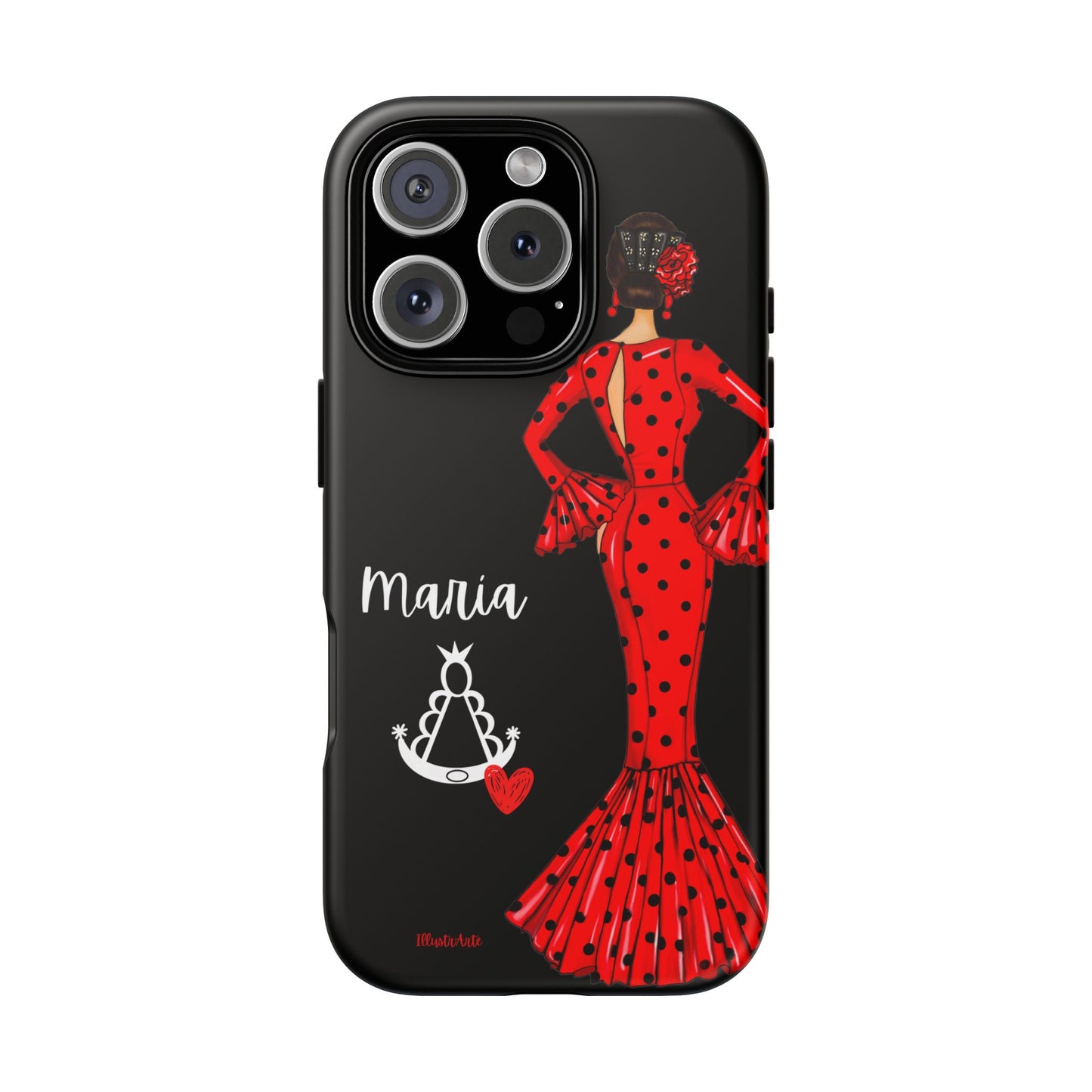 una funda de teléfono con una mujer en un vestido rojo