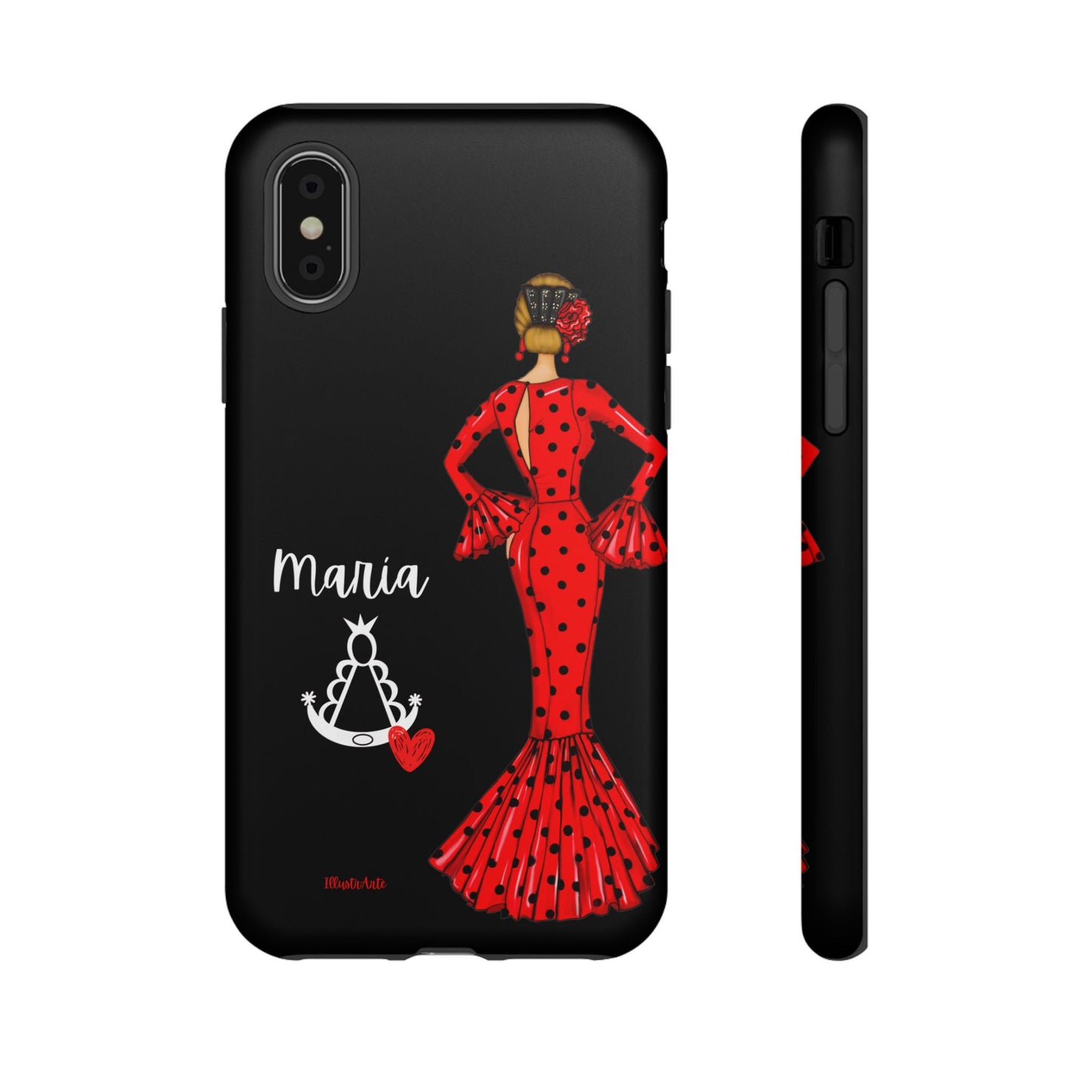 una funda de teléfono con una mujer en un vestido rojo