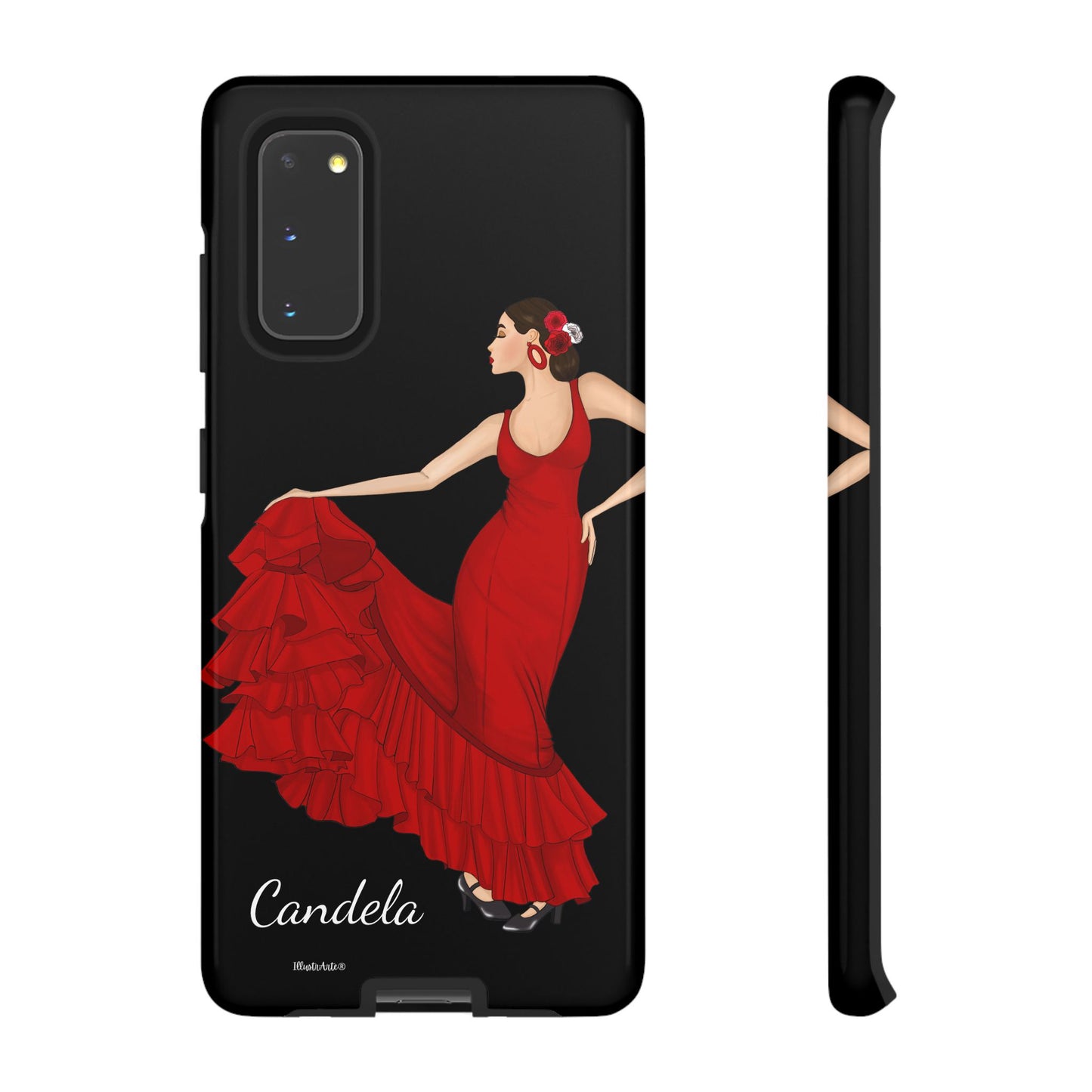 una funda de teléfono con una mujer en un vestido rojo