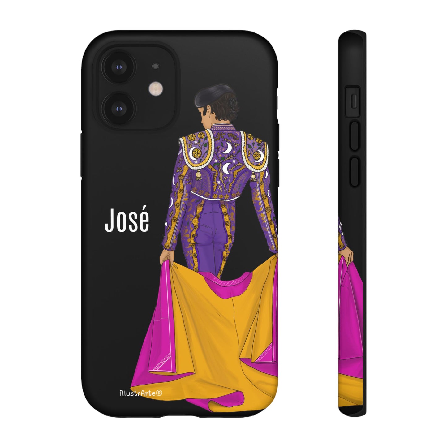 Personalized phone case featuring bullfighter José on a green background – for iPhone, Samsung, Pixel