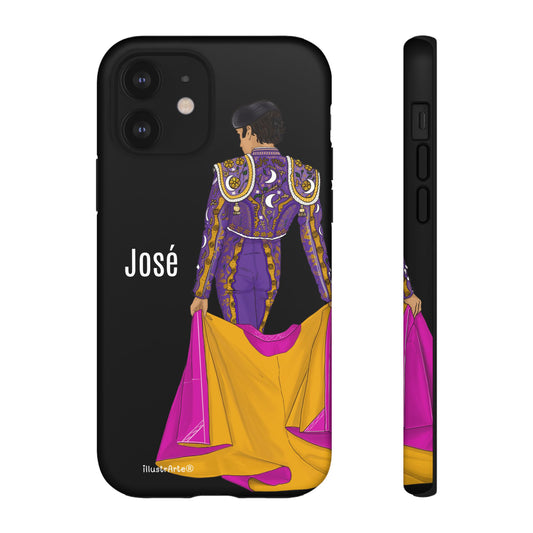 Personalized phone case featuring bullfighter José on a green background – for iPhone, Samsung, Pixel