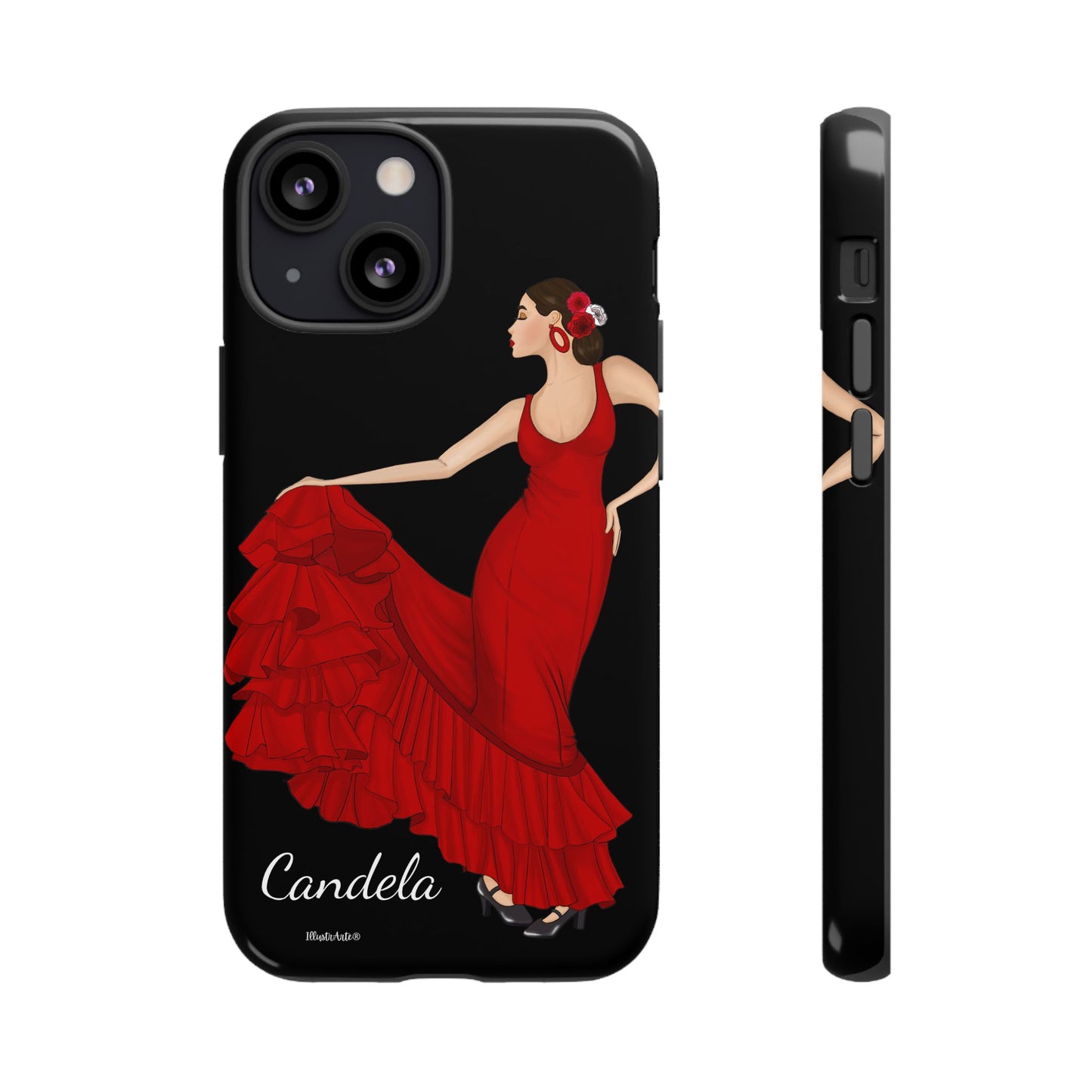 una funda de teléfono con una foto de una mujer en un vestido rojo