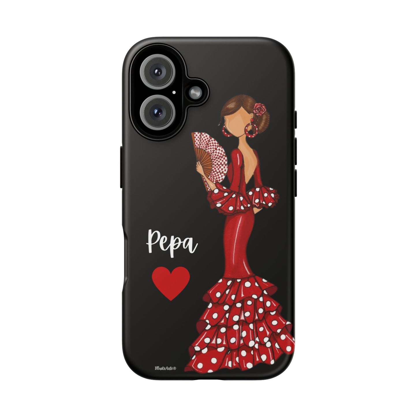 una funda de teléfono con una mujer en un vestido rojo