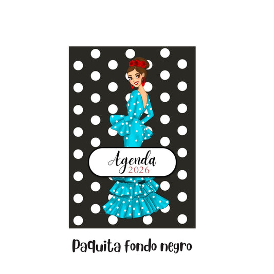 Flamenco Diary 2026 “Paquita on Black Background” – 2 Days per Page – Flamenco Illustrations – Flamenco Events of the Year – Design by illustrArte