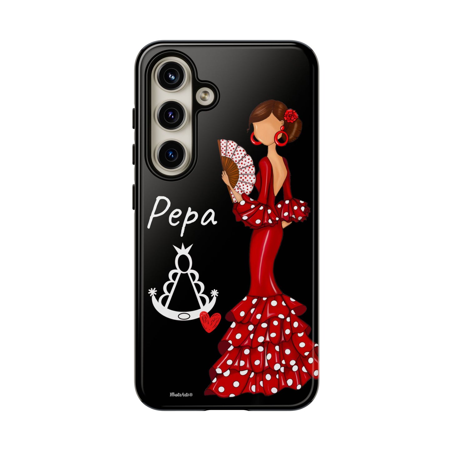 una funda de teléfono con una mujer sosteniendo un pastel