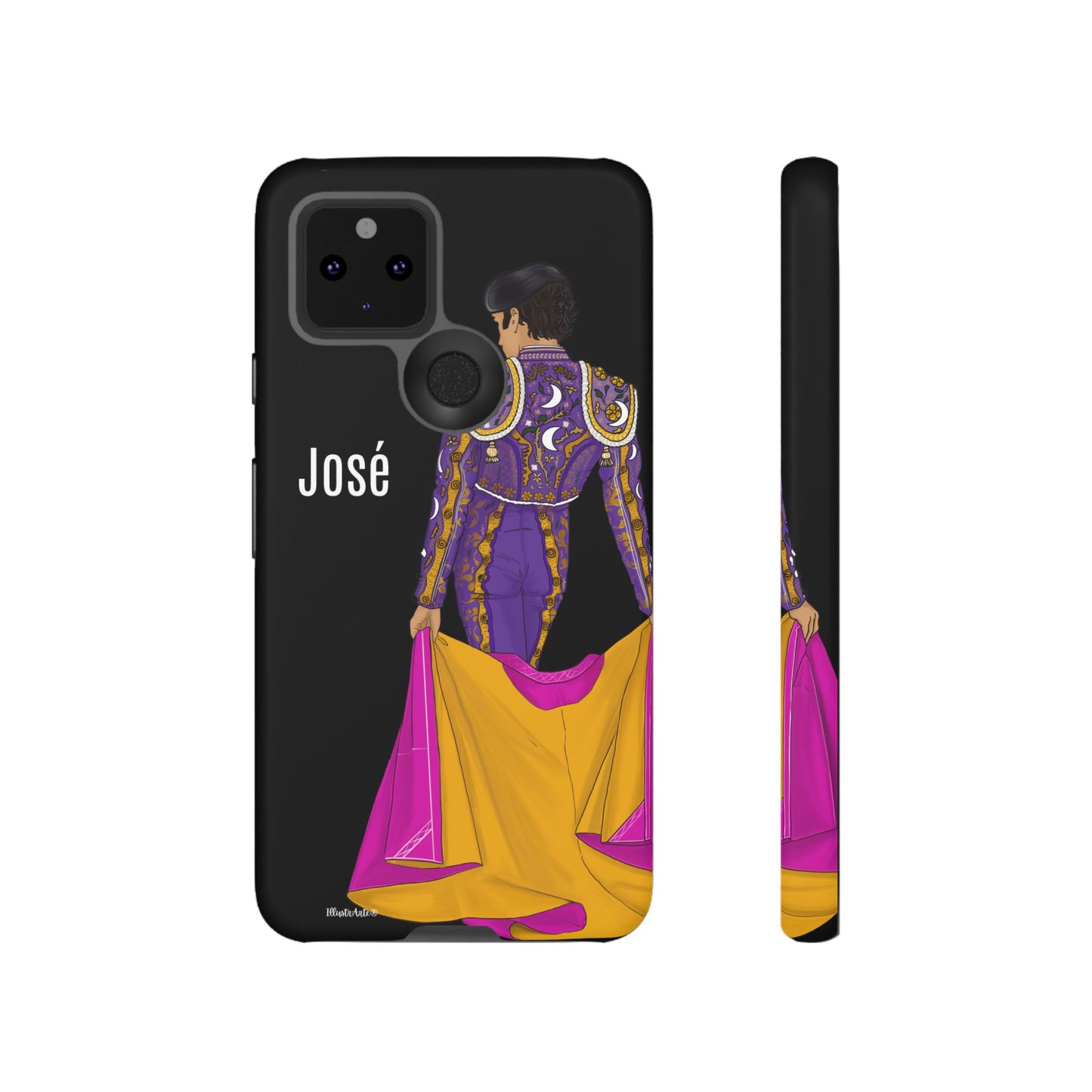 una funda de teléfono con una imagen de un hombre en un traje morado y amarillo