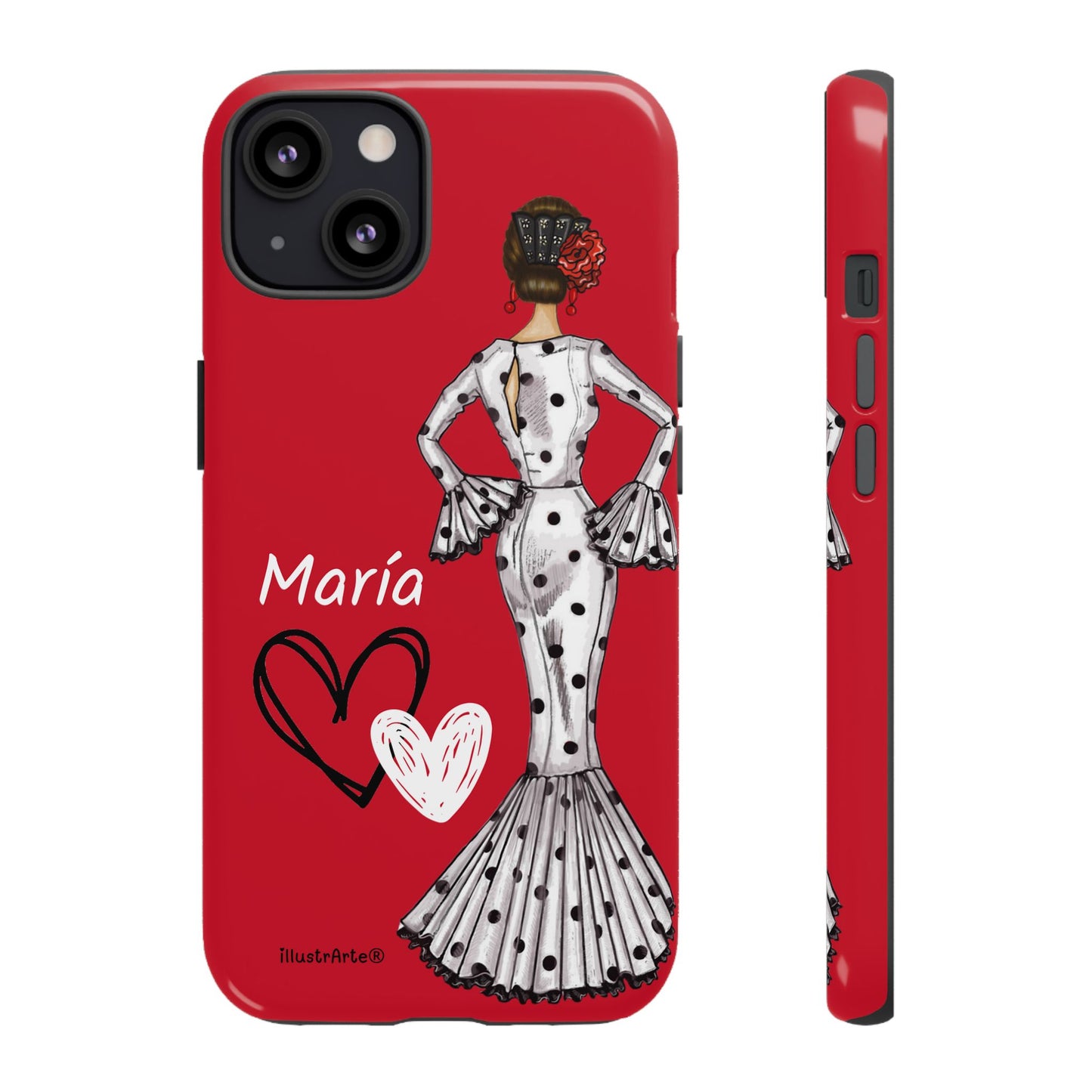 Personalized Maria phone case, white with red hearts background – for iPhone, Samsung, Pixel