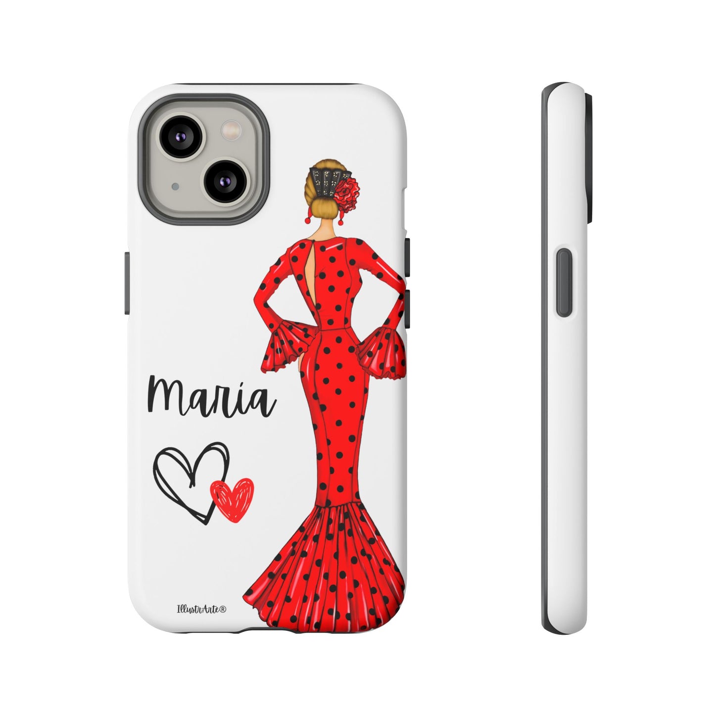 una funda de teléfono con una mujer en un vestido rojo