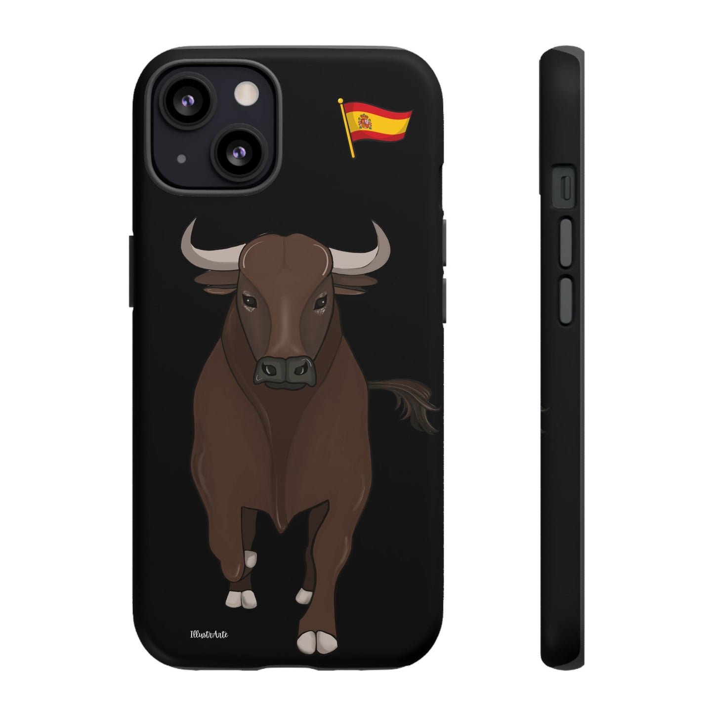 Manos sosteniendo el teléfono protegido por la funda personalizable toro Manuel.