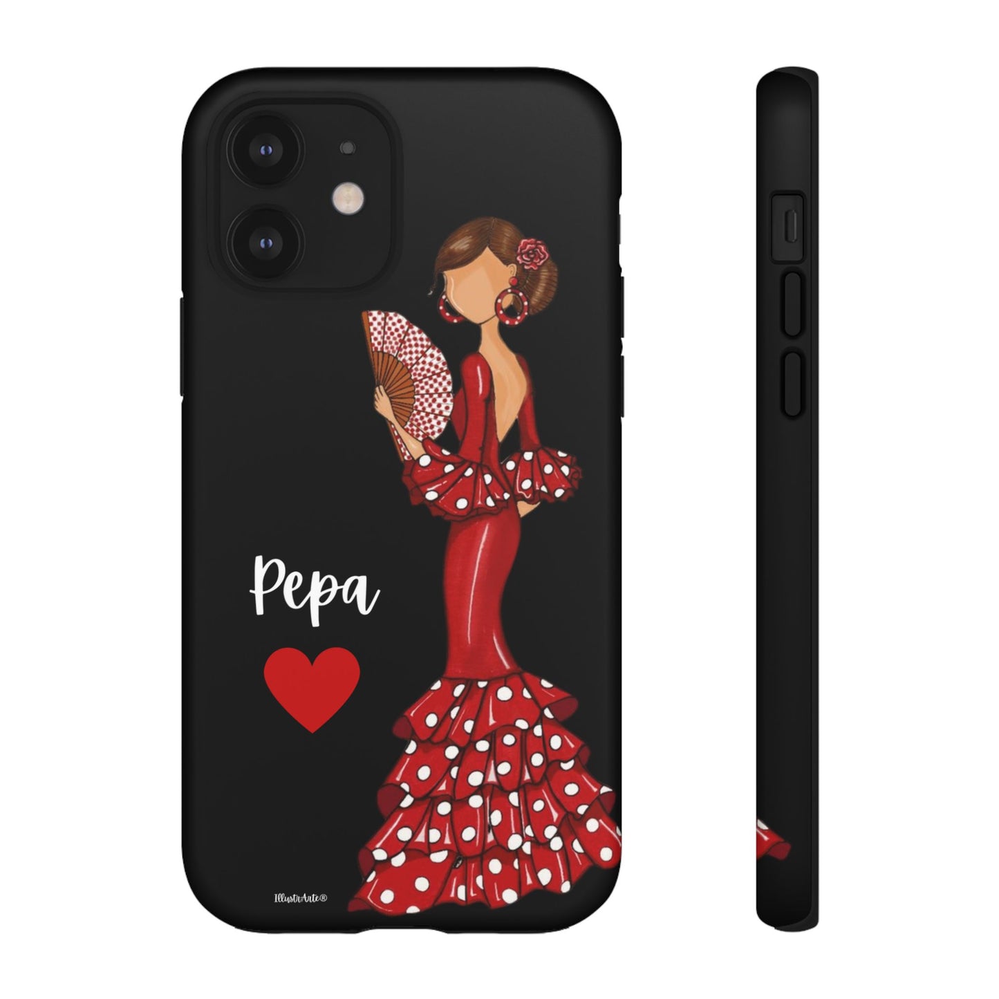 una funda de teléfono con una mujer en un vestido rojo