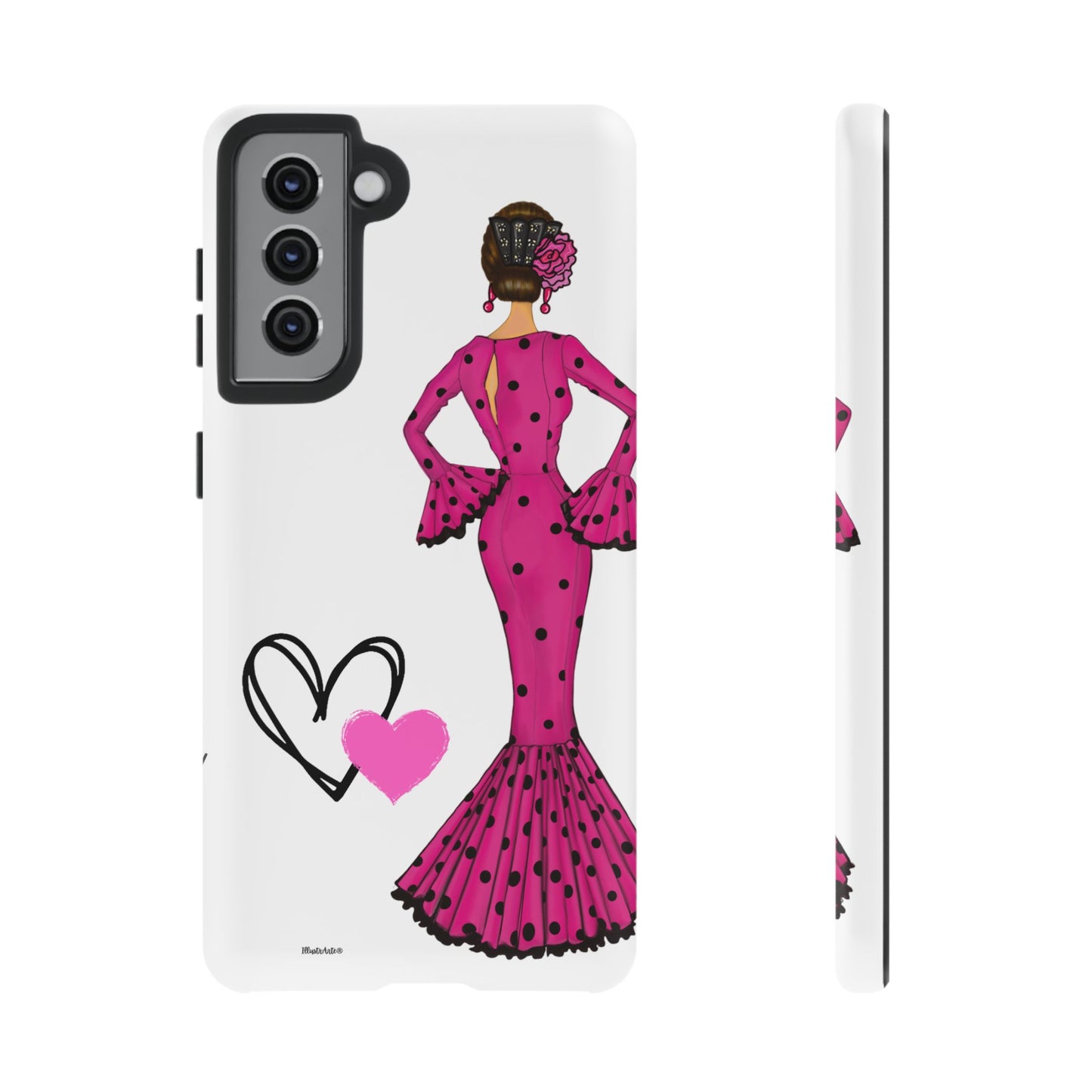 una funda de teléfono con una mujer en un vestido rosa