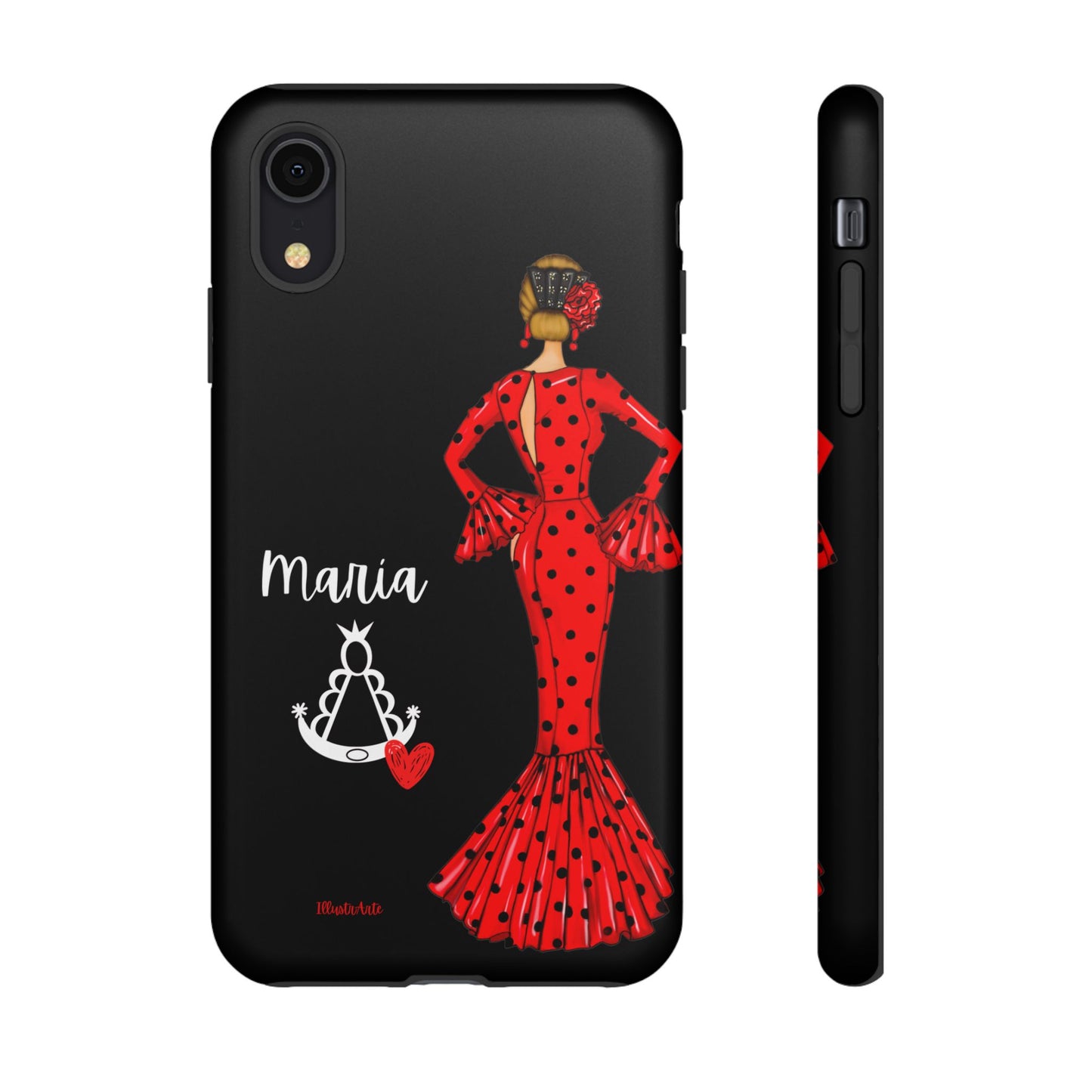 una funda de teléfono con una mujer en un vestido rojo