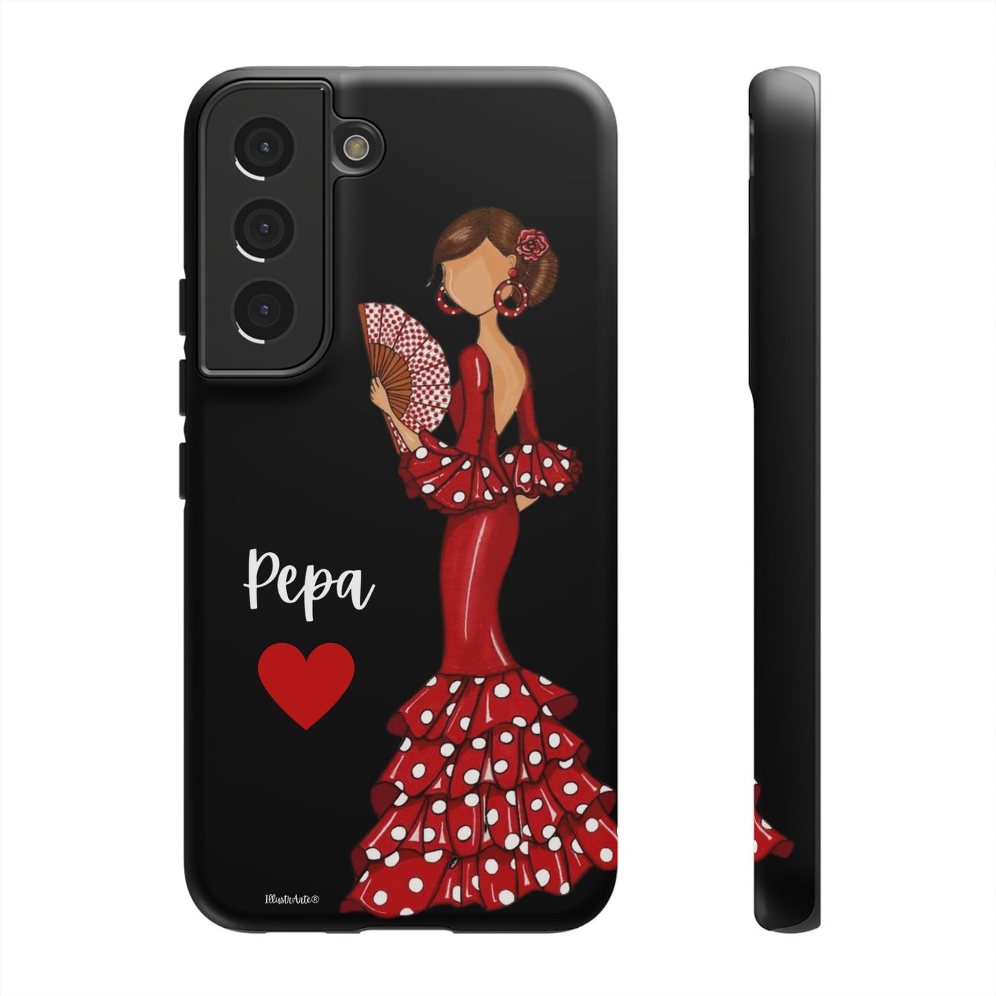 una funda de teléfono con una mujer en un vestido rojo