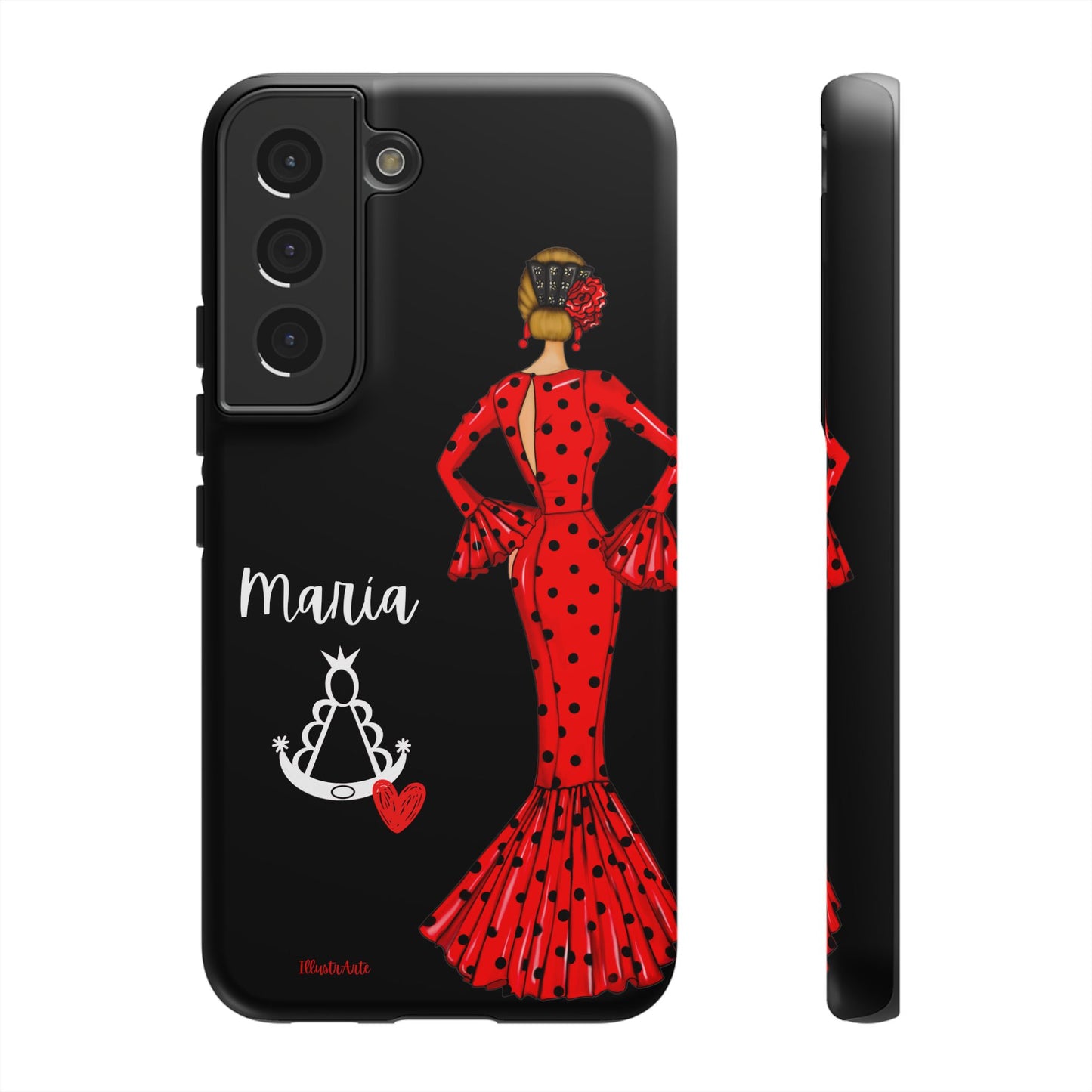 una funda de teléfono con una mujer en un vestido rojo