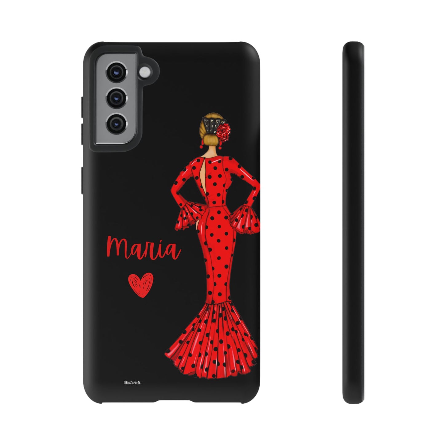 una funda de teléfono con una mujer en un vestido rojo