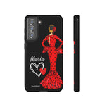 Personalised phone case flamenco dancer María, red dress, black background for Samsung Galaxy S21 FE, gloss finish – illustrArte