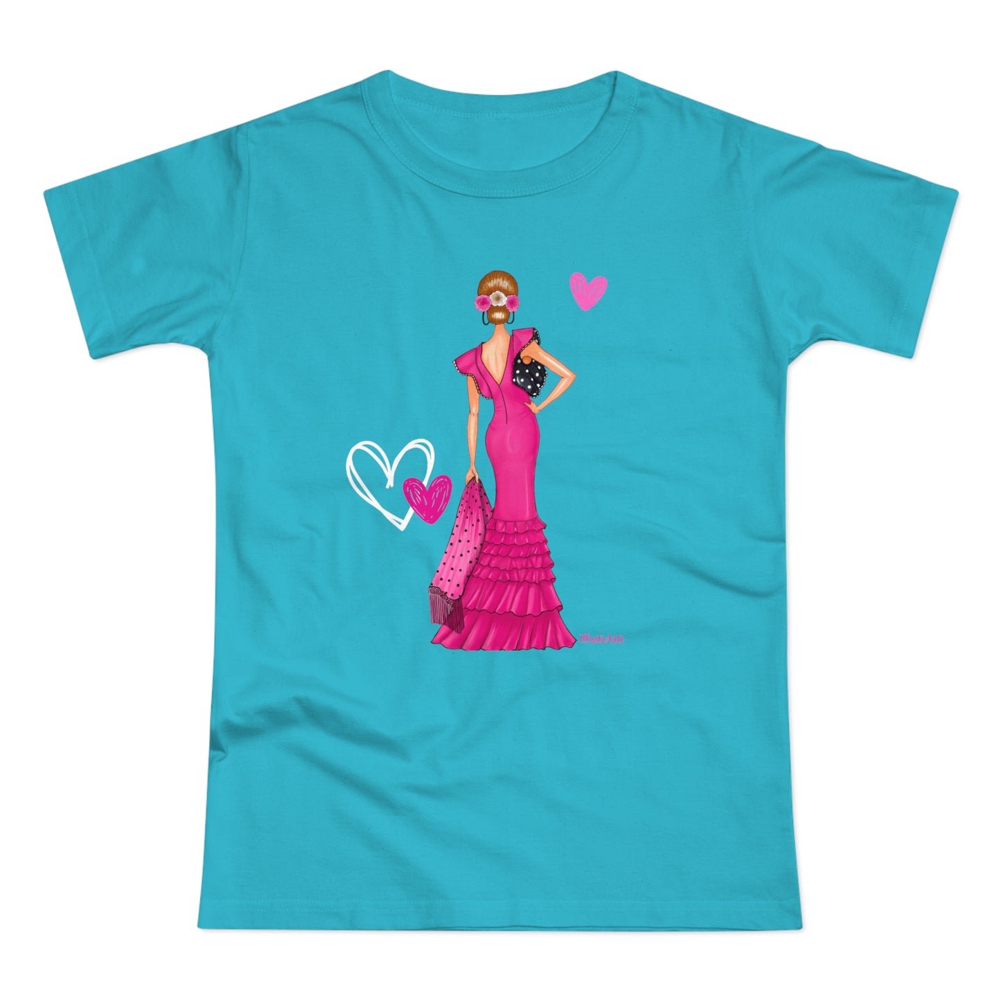 a t - shirt with a woman in a pink dress