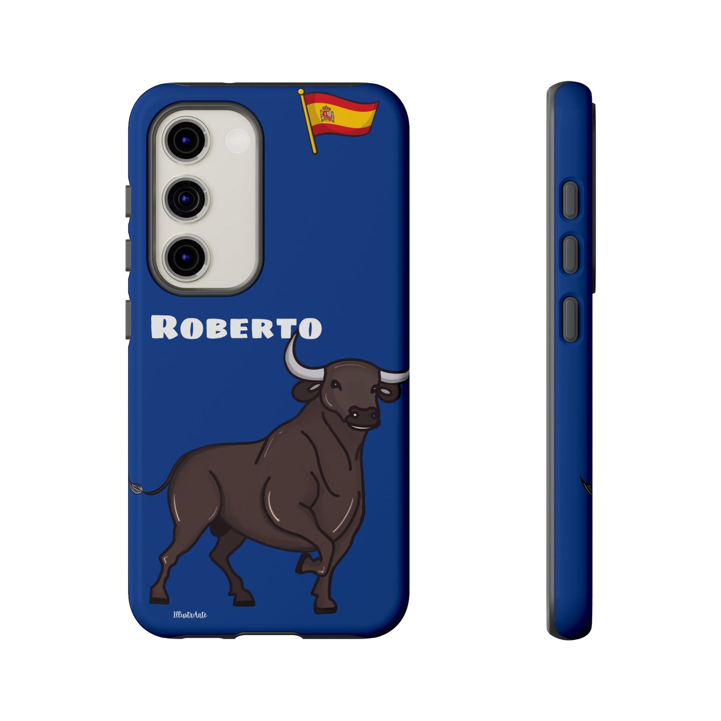 Funda de teléfono personalizable con nombre/bandera/Virgen - Modelo Toro Roberto, haciendo énfasis en su diseño atractivo.