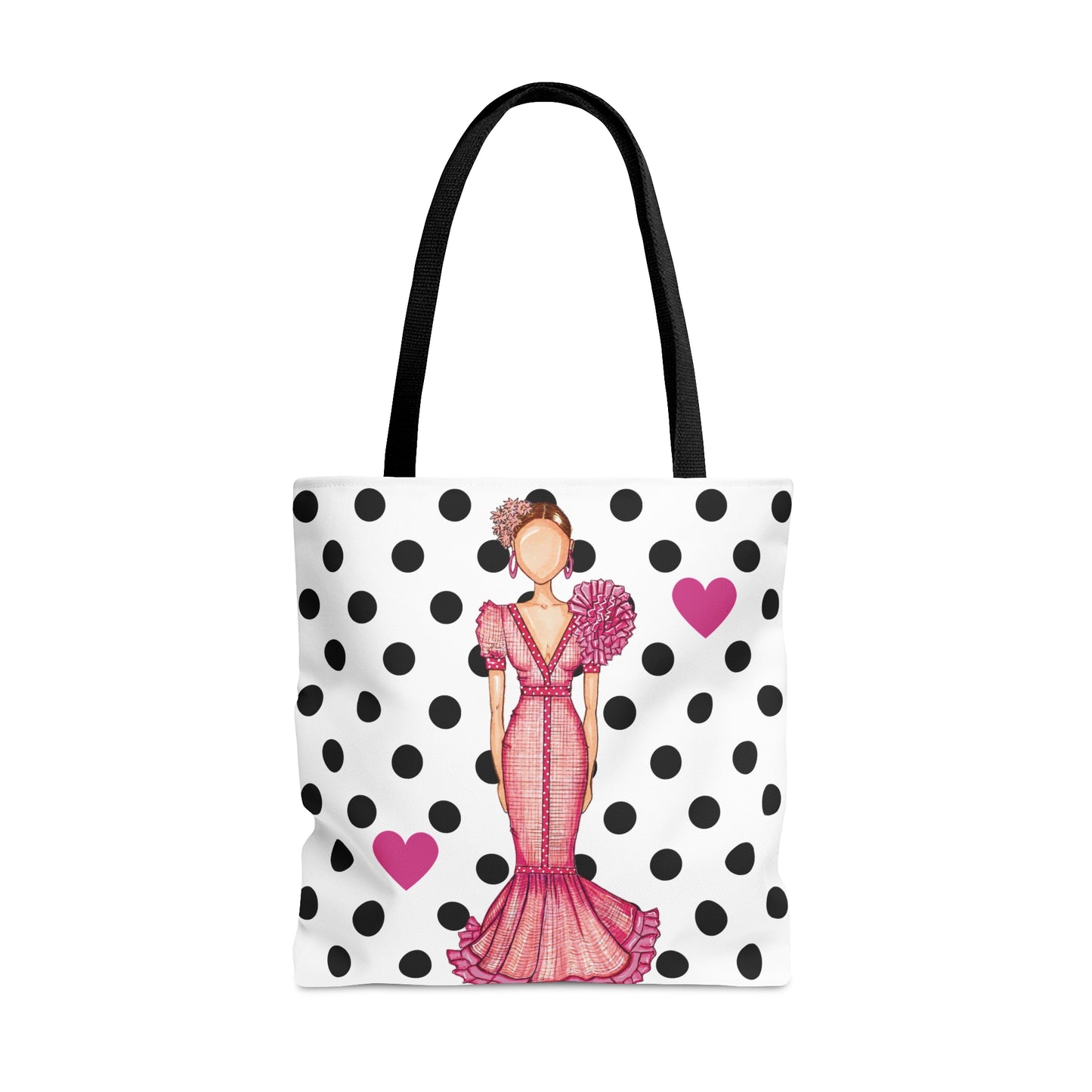 a tote bag with a picture of a woman in a pink dress