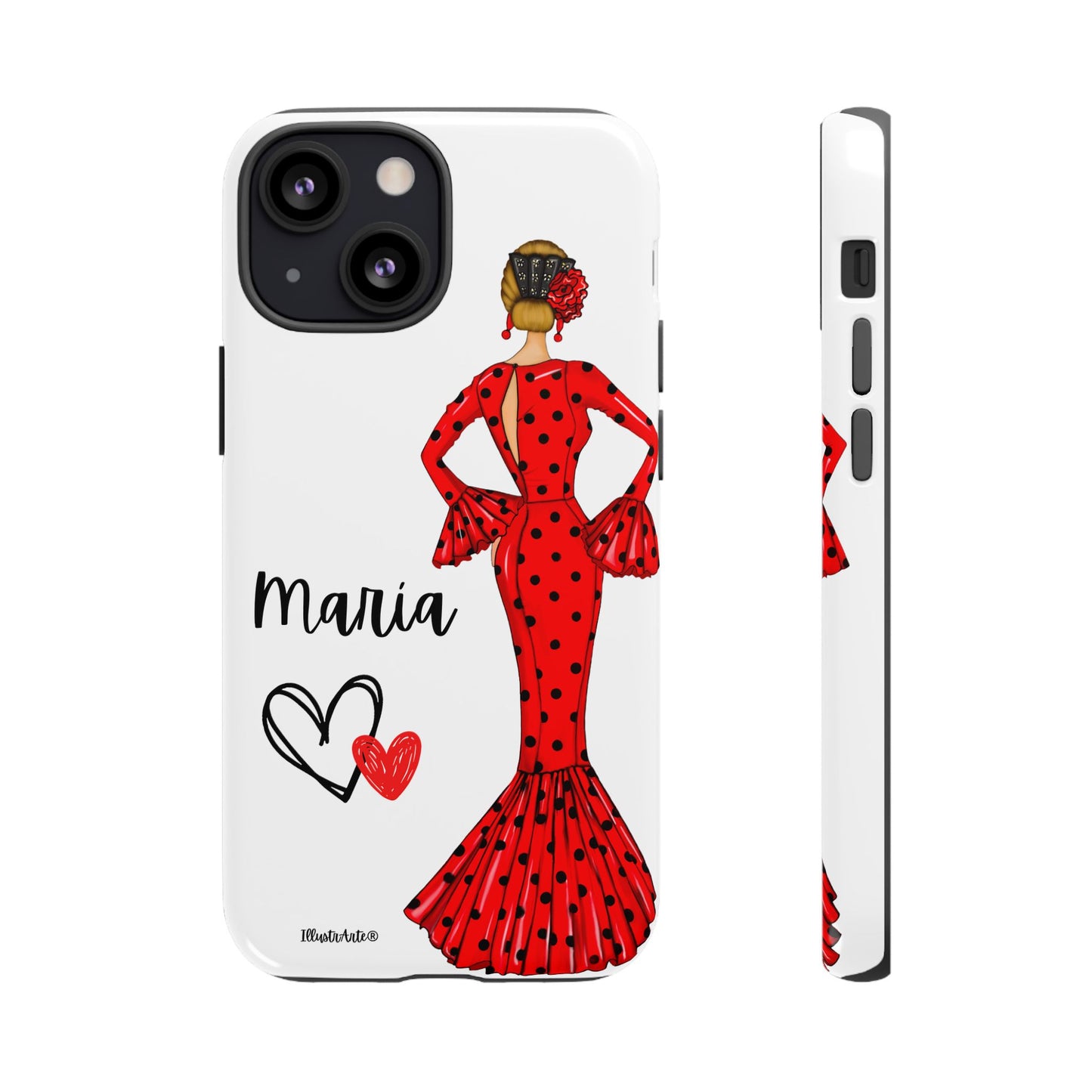 una funda de teléfono con una mujer en un vestido rojo