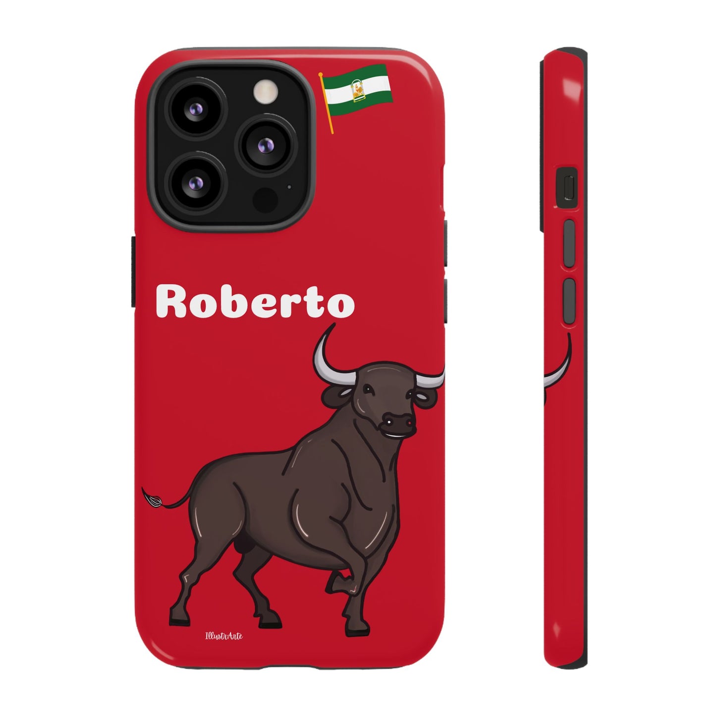 una funda de teléfono roja con un toro en ella