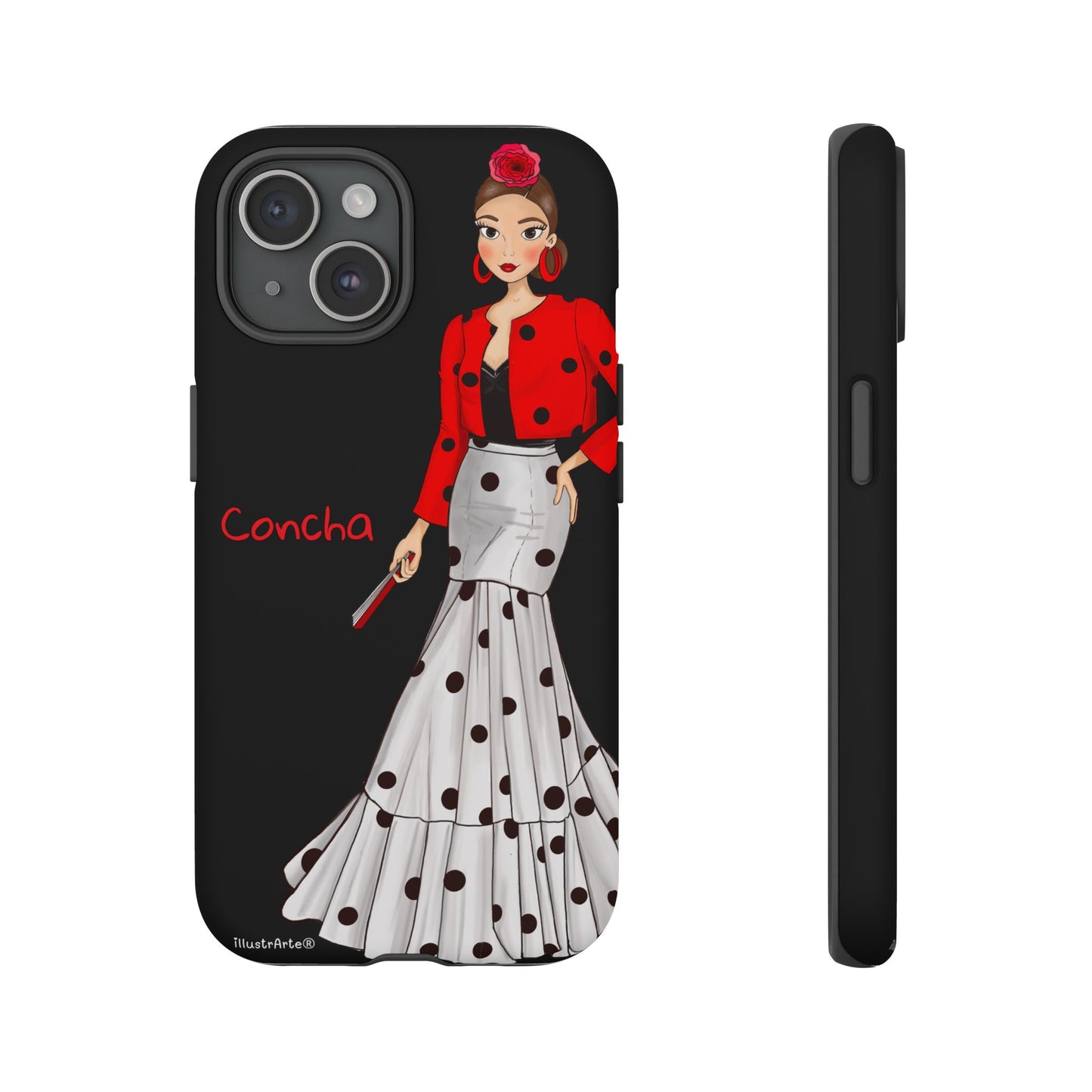 Funda de teléfono original, personalizable con nombre - Modelo Conchita fondo negro.