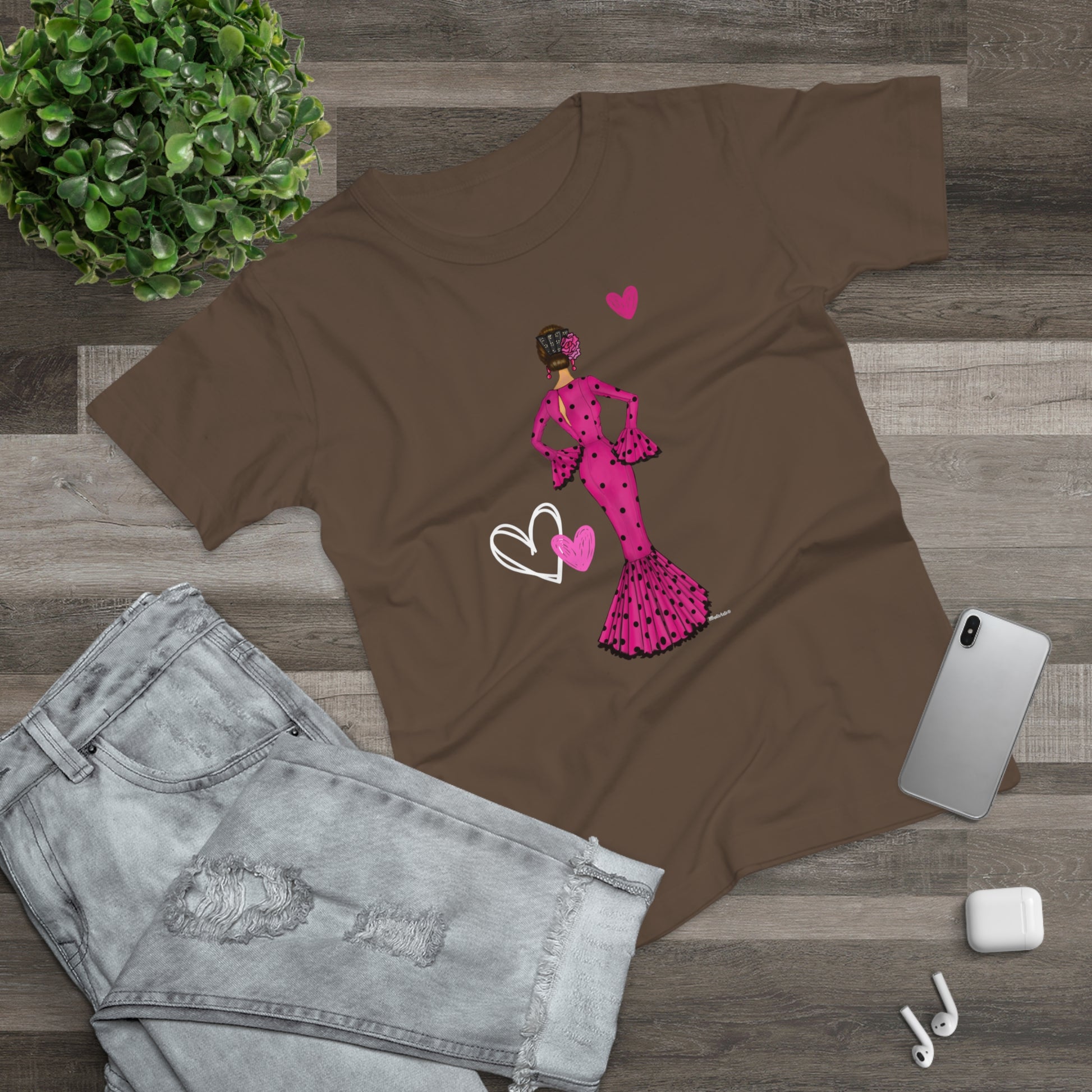 a t - shirt with a woman in a pink dress