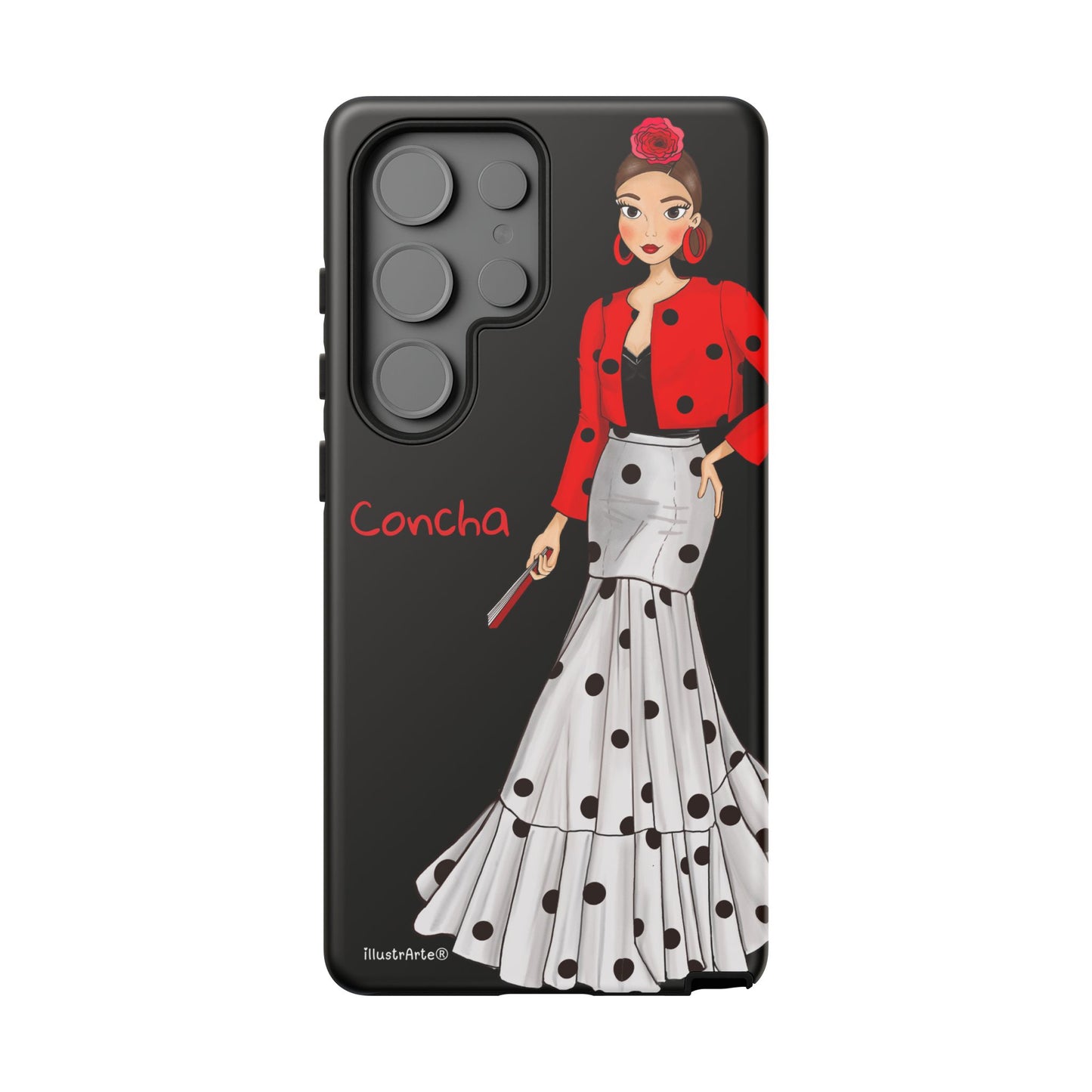 Funda de teléfono Modelo Conchita en elegante fondo negro, ideal para personalización.
