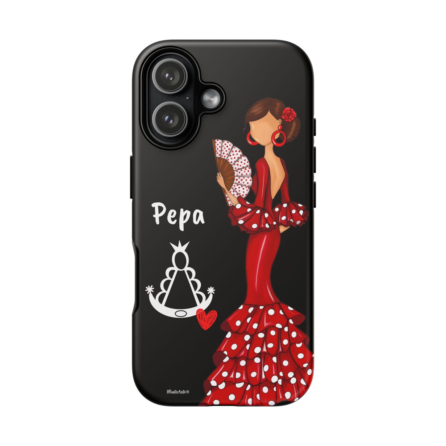 Personalized Pepa phone case on a black background with the Virgin Mary – for iPhone, Samsung, Pixel