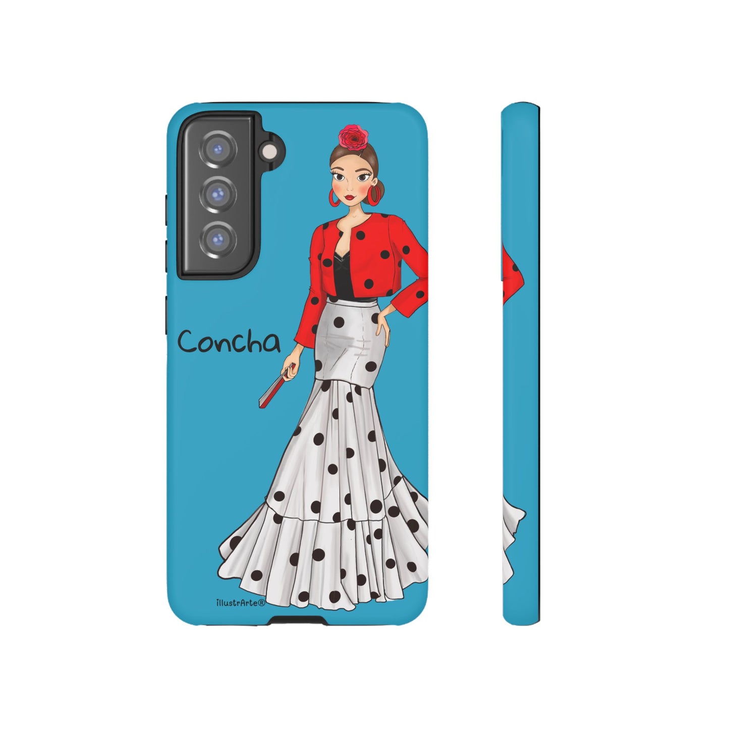 Funcionalidad y diseño se unen en la funda de teléfono, Modelo Conchita fondo azul, perfecta para el día a día.