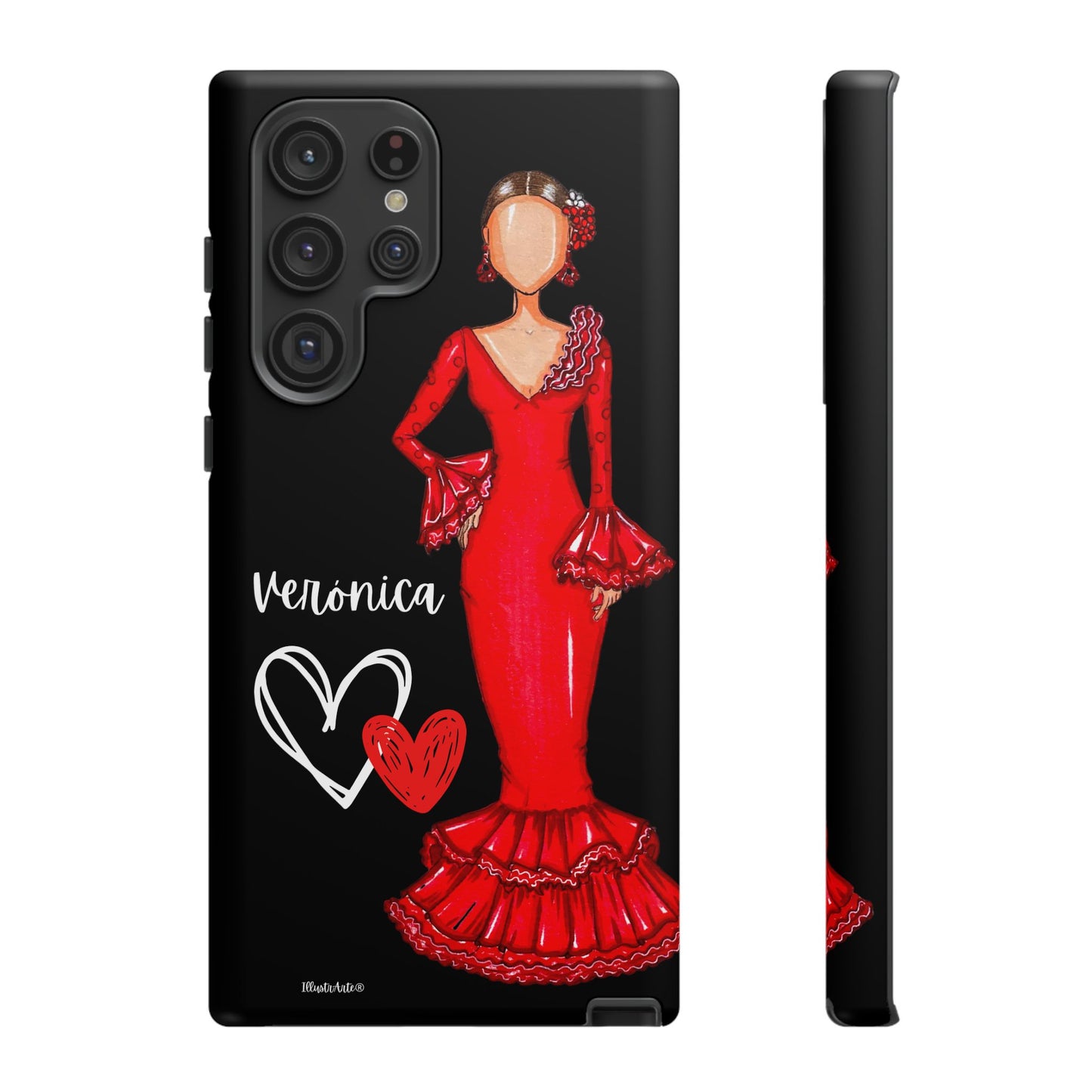 una funda de teléfono con una imagen de una mujer con un vestido rojo