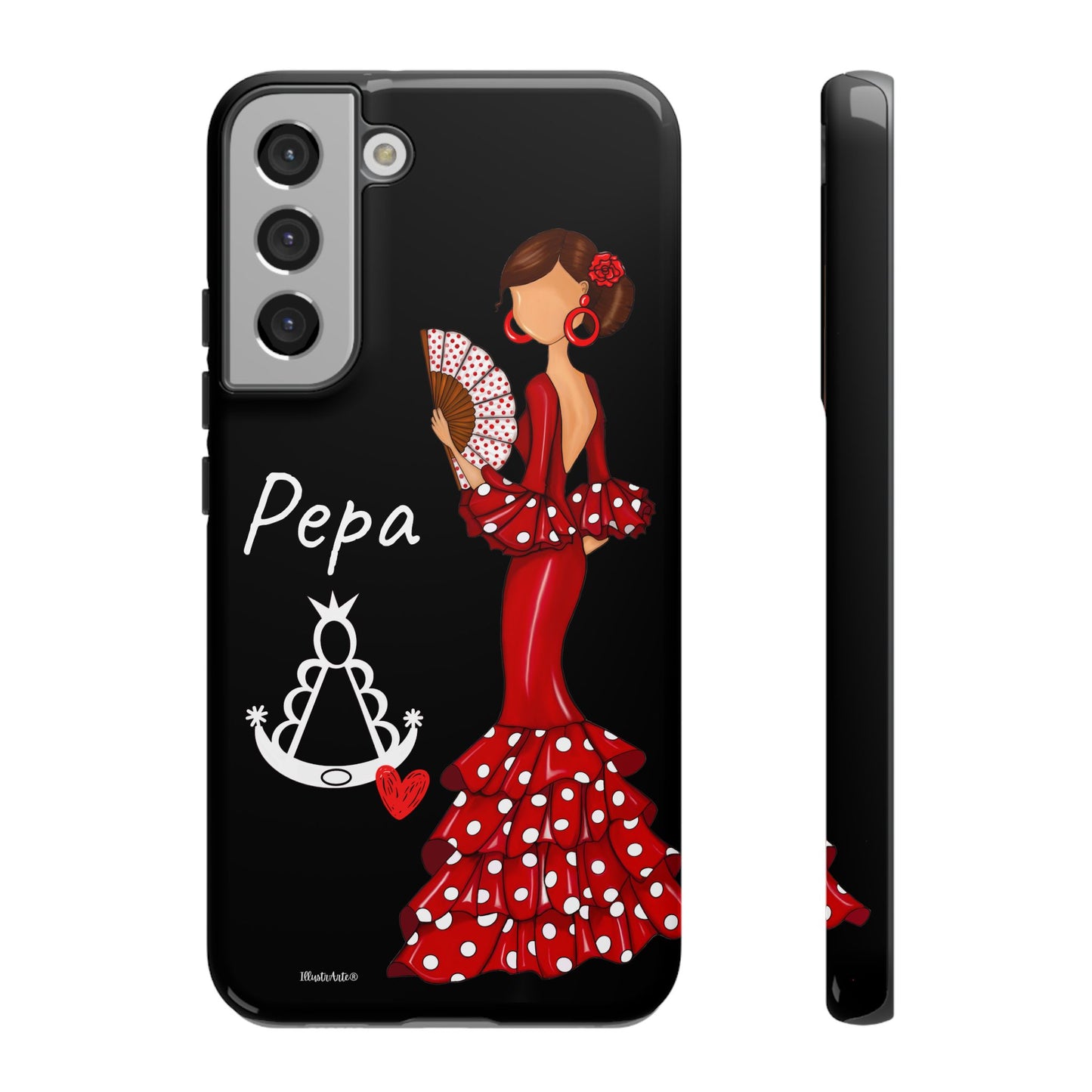 una funda de teléfono con una mujer en un vestido rojo