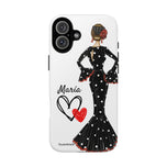 Personalised phone case flamenco dancer María, black dress for iPhone 16 Plus, gloss finish – illustrArte