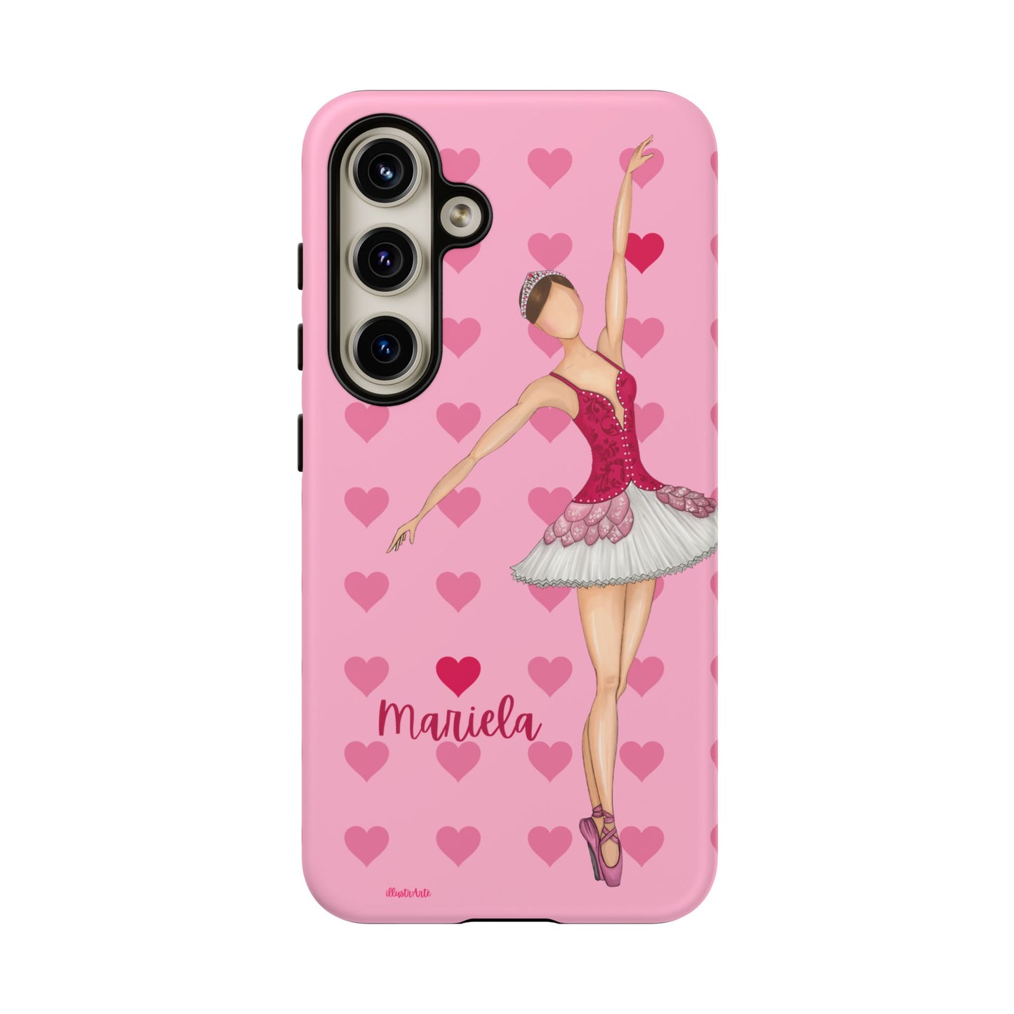 una funda de teléfono rosa con una bailarina en ella