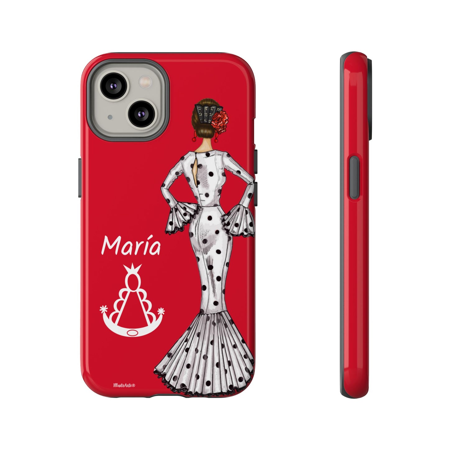 una funda de teléfono roja con una imagen de una mujer