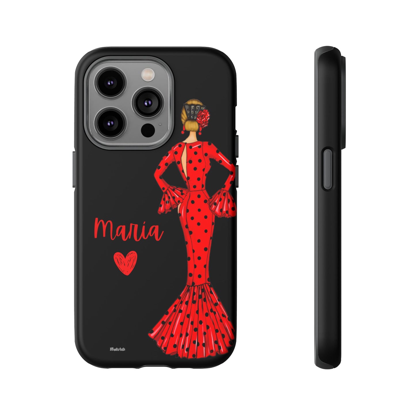 una funda de teléfono con una mujer en un vestido rojo