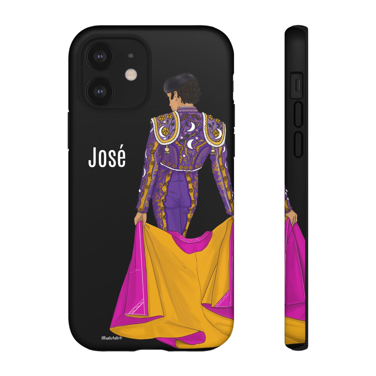 una funda de teléfono con un dibujo de un hombre en un traje morado y amarillo